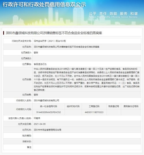 深圳市鑫领域科技有限公司涉嫌销售标签不符合食品安全标准的燕窝被给予警告